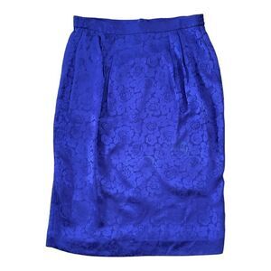 Vintage Silk Pencil Skirt Indigo Purple Lined Rose Zip Elastic Waist Women 4